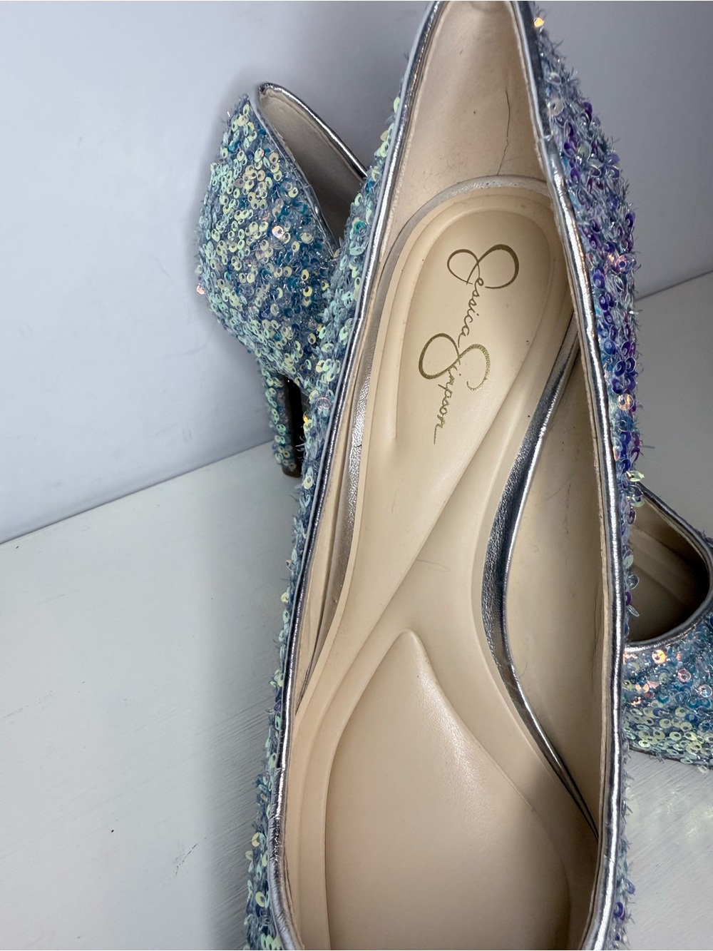 Jessica Simpson Blue Iridescent Tweed Sequin Pointed Toe Pumps Size 8.5 - Picture 3 of 13